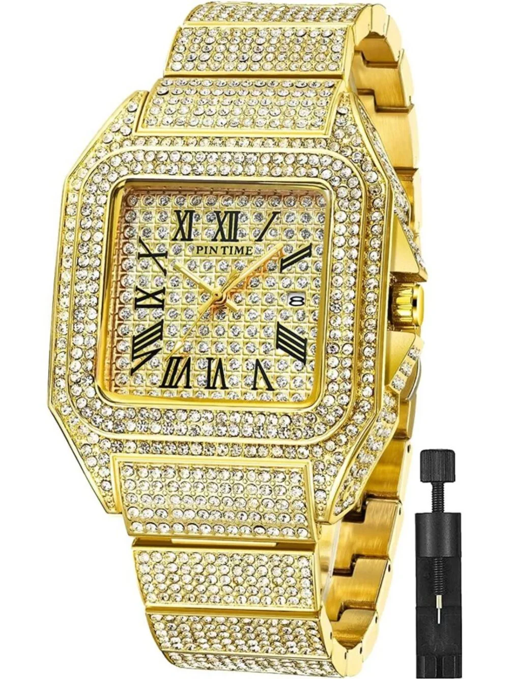 Stylish Hip Hop Men's Bling Crystal Watch - Rectangle Case, Stainless Steel